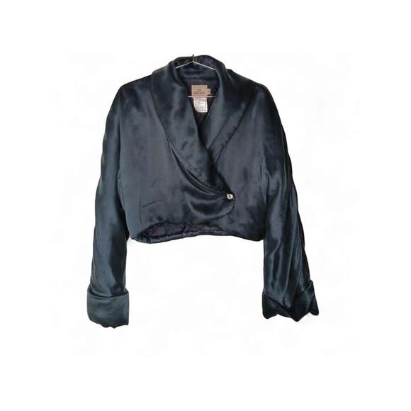Sara Sturgeon 100% Silk Cropped Wrap Jacket Black Satin Blazer Top Sz 4 Vintage - Picture 2 of 13